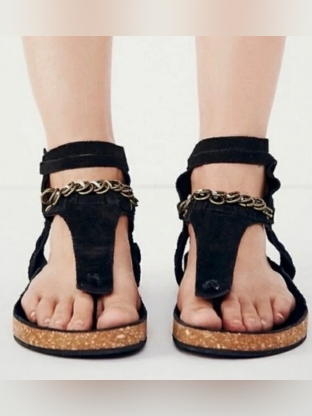 Free People Black Suede Collins Footbed Gladiator Thong Flat Sandals  Sz 36